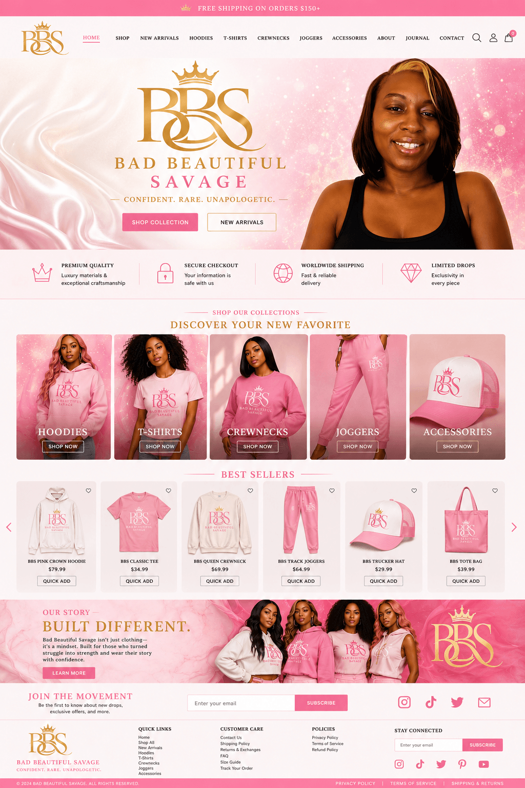 Smiling Bad Beautiful Savage founder portrait against a pink satin and gold sparkle backdrop
